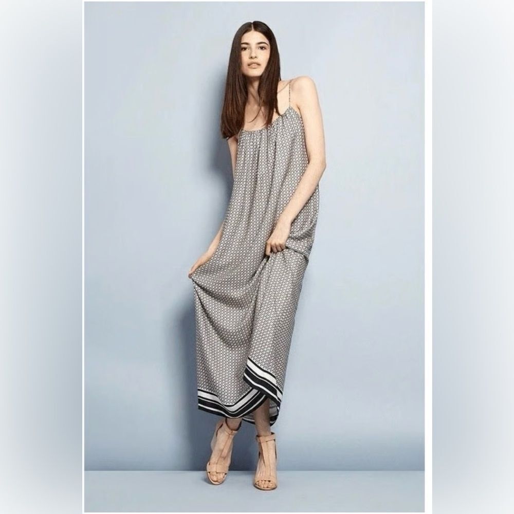 VINCE MAXI 100% SILK DRESS STAR PRINT BORDER CHARCOAL SPAGHETTI STRAP SZ L